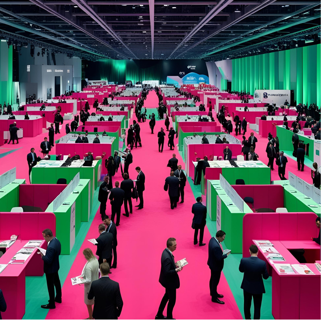 Illustration d'une conférence ou d'un salon RSE plein de stands lors d'un salon RSE ou développement durable