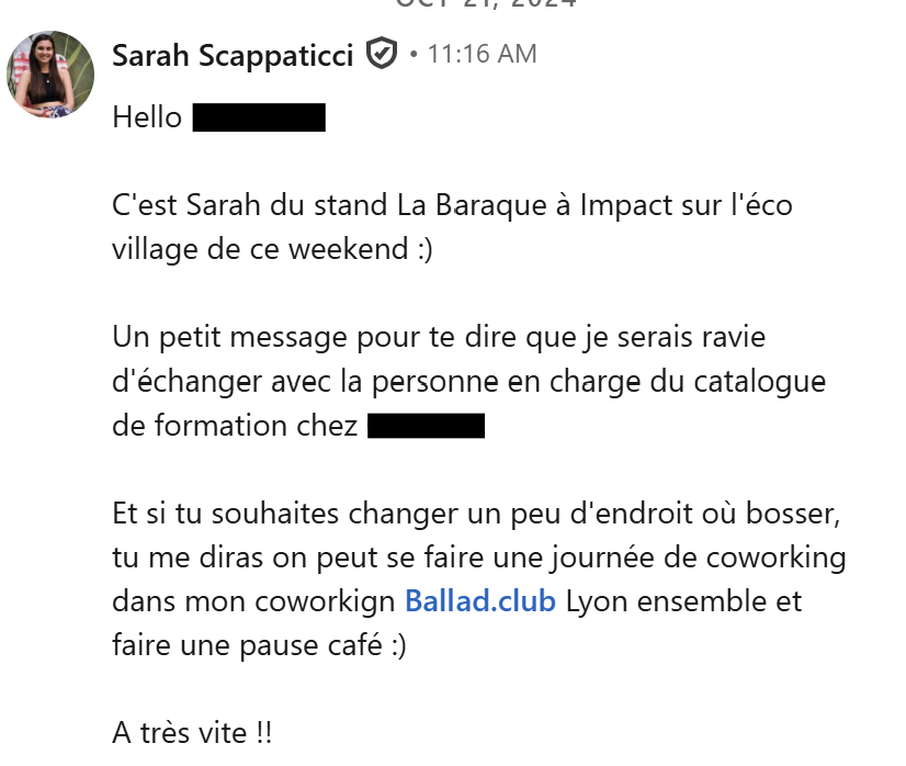 Message Sarah après évenement développement durable un message envoyé après un événements dans un éco village sur le sujet de la RSE